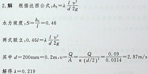 管道直径d= 200mm，流量Q = 90L/s，水力坡度S = 0. 46,管道的沿程阻力系数为：