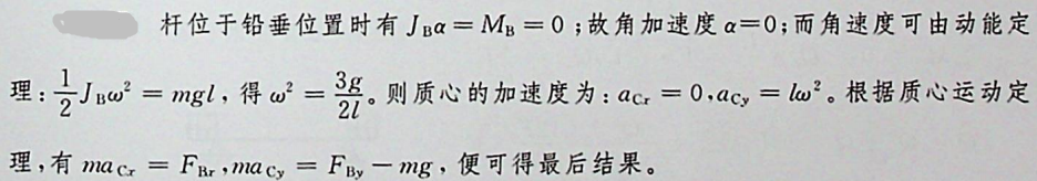 质量为m，长为2l的均质杆初始位于水平位置，如图所示。A端脱落后，杆绕轴B转动，当杆转到铅垂位置时，AB杆B处的约束力大小为：