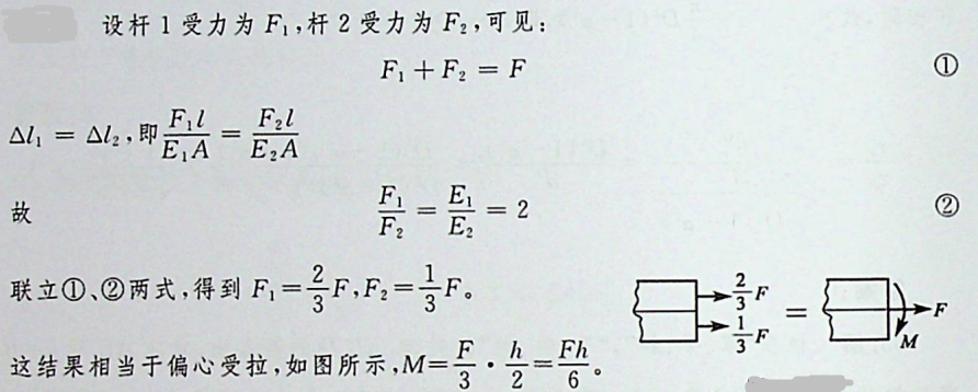 两根杆粘合在一起，截面尺寸如图所示。杆1的弹性模量为杆2的弹性模量 为若轴向力F作用在截面形心，则杆件发生的变形是：