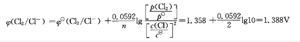 已知氯电极的标准电势为1.358V，当氯离子浓度为0.1mol/L氯气分压为0.1x 100kpa时，该电极的电极电势为：