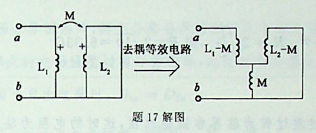 图示含耦合电感电路中，已知L1=0.1H，L2=0.4H，M=0.12H。ab端的等效电感Lab为（）。