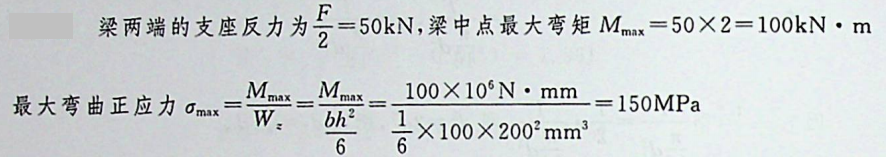 矩形截面简支梁中点承受集中力F=100kN。若h = 200mm，b=100mm，梁的最大弯曲正应力是: