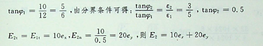 设y = 0平面是两种介质的分界面，在y＞0区域内,ε1 =5ε0，在y＜0区域内，ε2 =3ε0，在此分界面上无自由电荷，已知E1 =(10ex+12ey) V/m，则E2为（）。