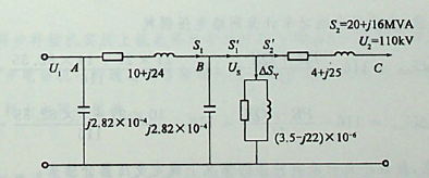 有一线路和变压器组成的简单电力系统归算到高压侧的等值电路如图所示。线路及变压器的参数标在图中，当C点实际也压为110∠0°kV,线路末端并联支路功率及输入变压器的功率分别为（）（不考虑电压降落横分量)