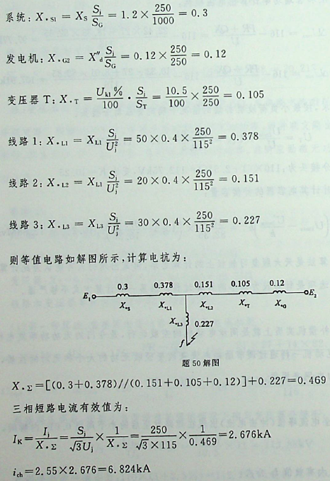 已知某电力系统如图所示，各线路电抗约为0.4Ω/km，长度标在图中，取Sb=250MVA，如果f处发生三相短路时，其短路电流周期分位起始值及冲击电流分別为（）。