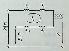图示一环网，已知两台变压器归算到高压侧的电抗均为12.1Ω，,T-1的实际变比110/10. 5kV，T-2的实际变比110/11kV，两条线路在本电压级下的电抗均为5Ω。已知低压母线B电压为10kV