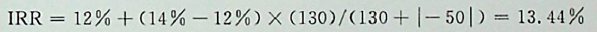 对于某常规项目（IRR唯一），当设定折现率为12%时，求得的净现值为130万元；当设定折现率为14%时，求得的净现值为-50万元，则该项目的内部收益率应是（）。