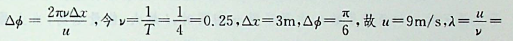 在波的传播方向上，有相距为3m的两质元，两者的相位差为，若波的周期为4s，则此波的波长和波速分别为：
