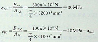 圆截面杆ABC轴向受力如图，已知BC杆的直径d =100mm，AB杆的直径为2d杆的最大的拉应力为：