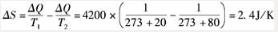 一容器被一铜片分成两部分，一边是80℃的水，另一边是20℃的水，经过一段时间后，从热的一边向冷的一边传递了1000卡的热量，设水足够多，增减1000卡的热量温度没有明显的变化，则在这个过程中熵变为（　