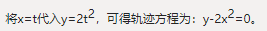 已知动点的运动方程为x=t，y=2t^2，则其轨迹方程为（　　）。