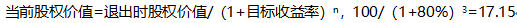 某股权投资基金拟投资从事人工智能技术研究的A公司，预计3年后退出时A公司股权价值100亿元，目标复合收益率80%，则目前A公司估值为（）。