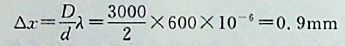 在双缝干涉实验中，光的波长600nm，双缝间距2mm，双缝与屏的间距为300cm，则屏上形成的干涉图样的相邻明条纹间距为（）。