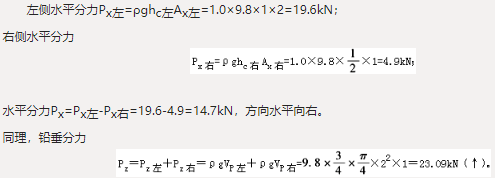 如图6-1-14所示圆柱体的直径d＝2m，左侧水深则该圆柱体单位长度所受到的静水总压力的水平分力和铅垂分力分别为（　　）。