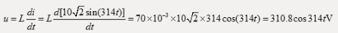 已知通过线圈的电流线圈的电感L=70mH (电阻可以忽略不计),设电流i和外施电压u的参考方向为关联方向，那么在时刻的外施电压u为（ ）。