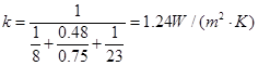 某建筑外墙的面积为12㎡，室内空气与内墙表面的对流传热系数为8W／（㎡·K），外表面与室外环境的复合传热系数为23W／（㎡·K），墙壁的厚度为0.48m，导热系数为0.75W／（m·K），则总传热系数
