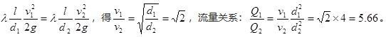 作用水头相同的两管道1、2，两管的直径，沿程阻力系数相同，长度相同，不计局部损失，则通过的流量关系为（　　）。