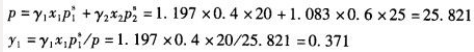 己知某二元体系在某温度下汽相可看做理想气体，在x1=0.4时，y1=1.197， y2=1. 083，在此温度下蒸气压为=20kPa，=25kPa，与x1=0.4平衡的汽相组成y1为（）。