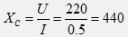 如图所示电路中，U=220V，f=50Hz，S断开及闭合时电流I的有效值均为0.5A，则感抗为（）。