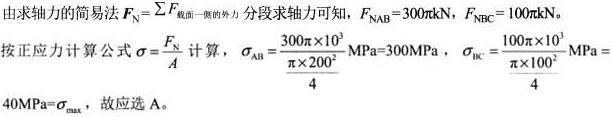 圆截面杆ABC轴向受力如图所示。己知杆BC的直径d=100mm，AB杆的直径为2d。杆的最大拉应力是（）。