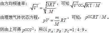 三个容器A、B、C中装有同种理想气体，其分子数密度n相同，而方均根速率之比