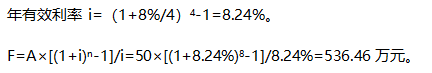 某人连续8年每年末存入银行50万元，银行存款年利率为8%，按季度复利计息。则第8年年末可一次性收回的金额为（）万元。