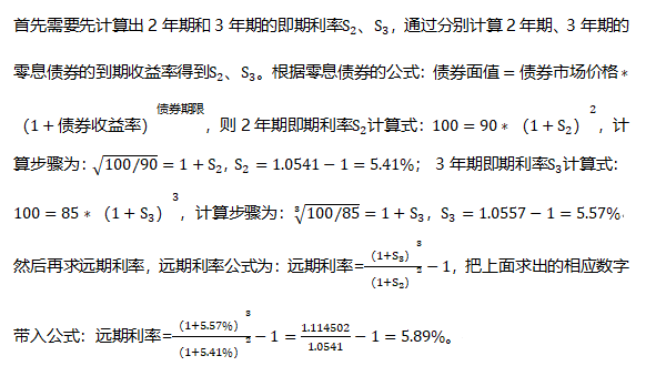 面值100元的2年期零息债券现在市场价值为90元，面值100元的3年期零息债券现在市场价值为85元，那么两年后的一年期远期利率为（）。