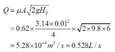 某常水头薄壁小孔口自由出流，=6m，孔口直径d=10mm。流量系数μ=0.62，该小孔口的出流量为（    ）。