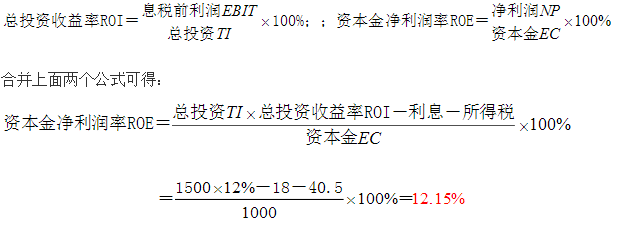 某技术方案总投资1500万元，其中资本金1000万元，运营期年平均利息18万元，年平均所得税40.5万元。若项目总投资收益率为12%，则项目资本金净利润率为(　)。