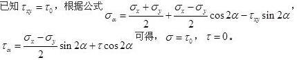 下图所示等腰直角三角形单元体，已知两直角边表示的截面上只有剪应力，且等于，则底边表示的截面上的正应力σ和剪应力分别为（）。