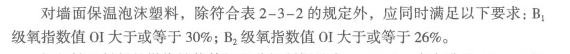 对墙面保温泡沫塑料，除了要符合建筑材料及制品的燃烧性能等级的规定外，应同时满足以下要求：B1级的氧指数值OI（ ）。