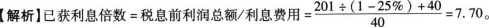 某公司2011年税后利润201万元，所得税税率为25％，利息费用为40万元，则该企业2011年已获利息倍数为（　　）。