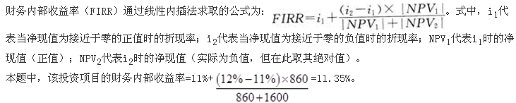 在计算某房地产投资项目的财务内部收益率时，当用折现率11％计算时，净现值为860万元；当用折现率12％计算时，净现值为-1600万元，则该项目的财务内部收益率为（　　）。