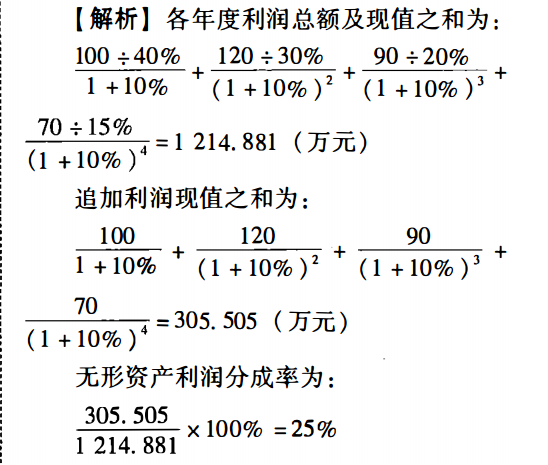 某企业购买的新技术预计在其寿命期间各年度分别可带来追加利润100万元、120万元、90万元、70万元，分别占当年利润的40%、30%、20%和15%，折现率为10%，则该无形资产的利润分成率为（　　）