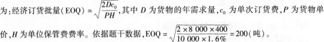 企业某种原材料的年需求量为8 000吨，单价为10 000元／吨，单次订货费用为400元，每吨年保管费费率为1．6％，则该种原材料的经济订货批量为（ ）吨。