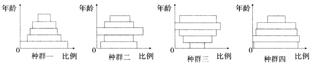 可能受工程影响的某种保护动物，其数量相当的四个种群的年龄结构图如图2，在不采取保护措施时，最易灭绝的种群是（　）。