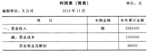 X公司所得税税率25%，该公司2013年11月份的利润表如下表所示。X公司12月份发生以下经济业务：(1)对外销售甲商品3500件，单价68元，增值税率17%，已办妥银行托收货款手续。(2)经批准处理