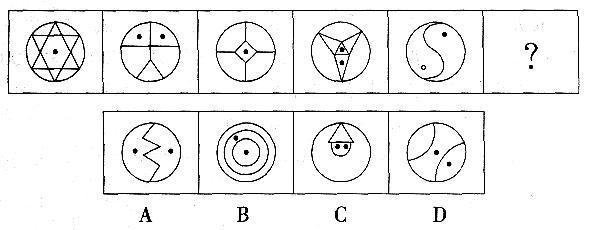 图形推理。请按每道题的答题要求作答。从所给的四个选项中，选择最合适的一个填入问号处，使之呈现一定的规律性。（）