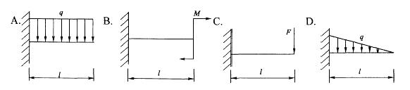 图示四个悬臂梁中挠曲线是圆弧的为：