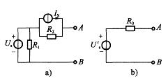 如图a)所示电路按戴维南定理等效成图b)所示电压源时，计算R0的正确算式为：