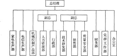 某公司的组织结构如下图所示。总经理直接负责财务部和办公室的工作，并直接管理家电、电信及机械控制产品等3个生产部门。下设副总经理两名，一名负责企业的行政部、人力资源部的工作；另一名负责研发部、销售部的工