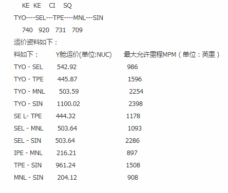 某航程如下，试采用最低组合方法计算全程运价如果将全程看作1个计价单元，则运价是（  ）。